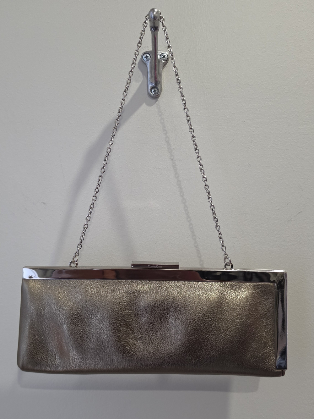 Calvin Klein Metallic Silver Evening Clutch with Chain Strap